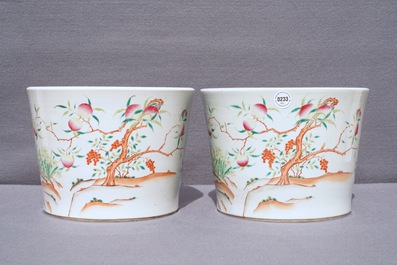A pair of Chinese famille rose 'nine peaches' jardini&egrave;res, 19th C.